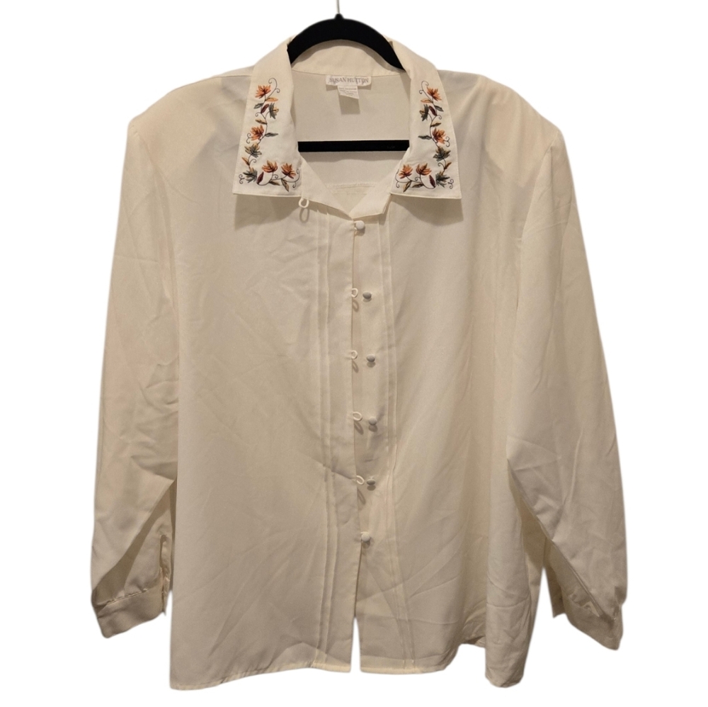 Vtg 80s Embroidered Collared Blouse Cream 4X Susan Hutton Boho Cottagecore Flowy